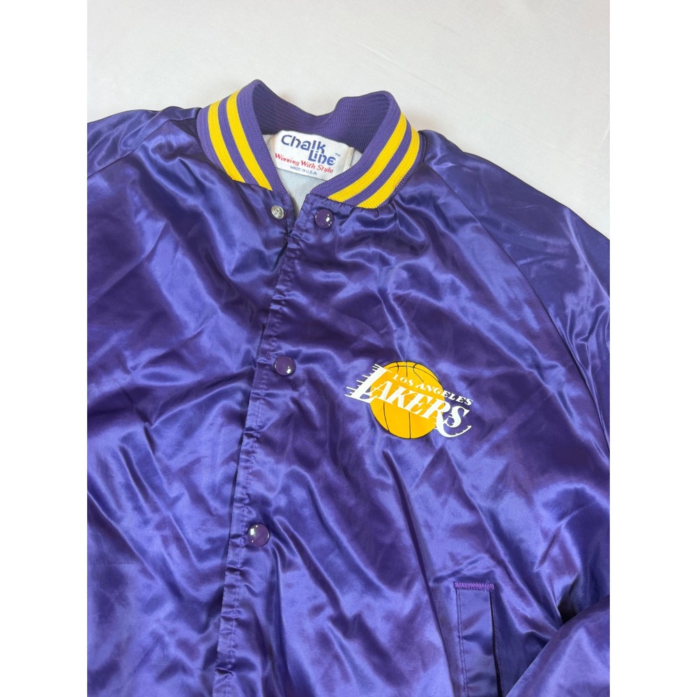 Vtg Chalk Line Los Angeles Lakers Satin Varsity Jacket Purple Sz L USA Run Small - Picture 2 of 11